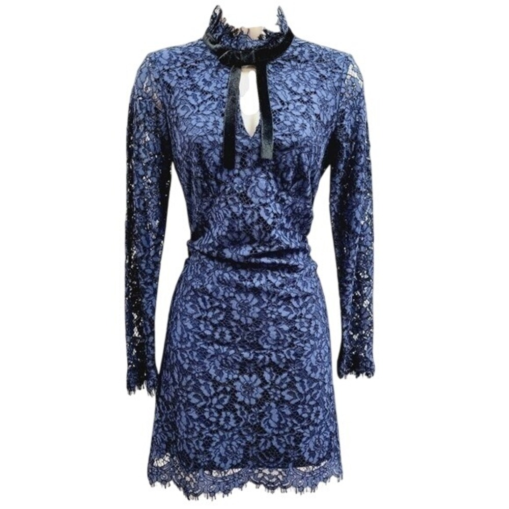 Shoshanna Navy Blue Floral Lace Long Sleeve Dress Velvet Bow Mock Neck 2